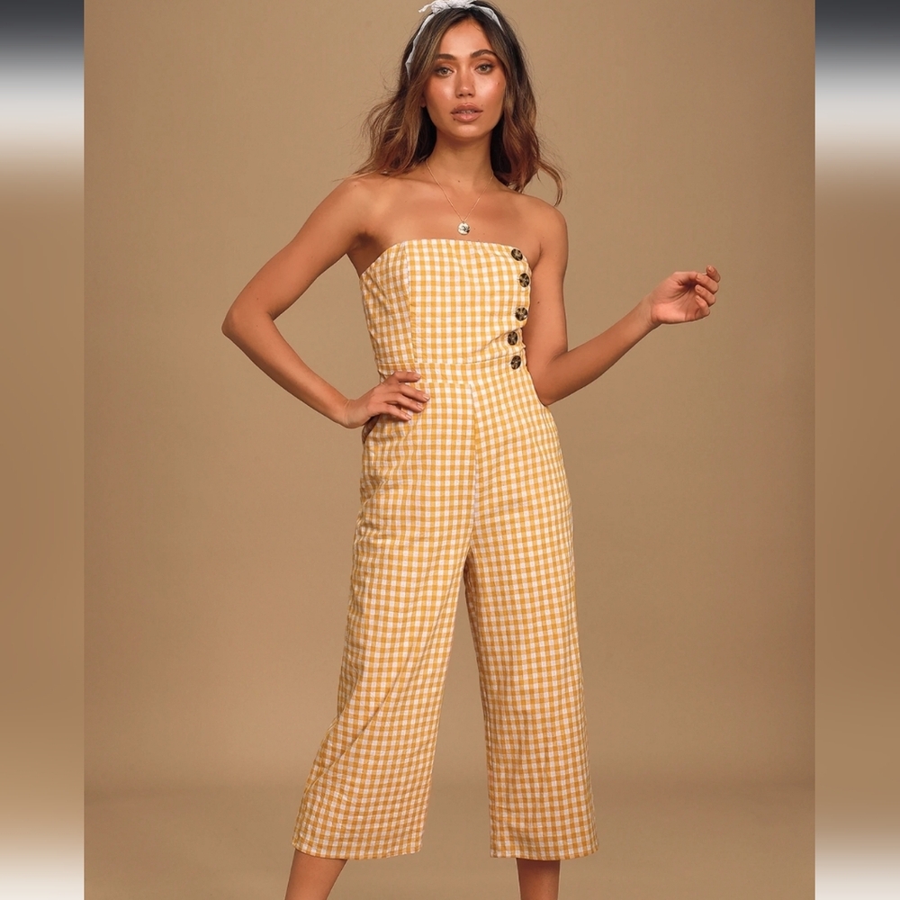 Lulus Gingham High Waist Pants Mustard Yellow Cropped Summer Cottagecore
